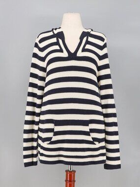 TALBOTS Striped Hooded Knit Sweater Ivory & Navy Size XL